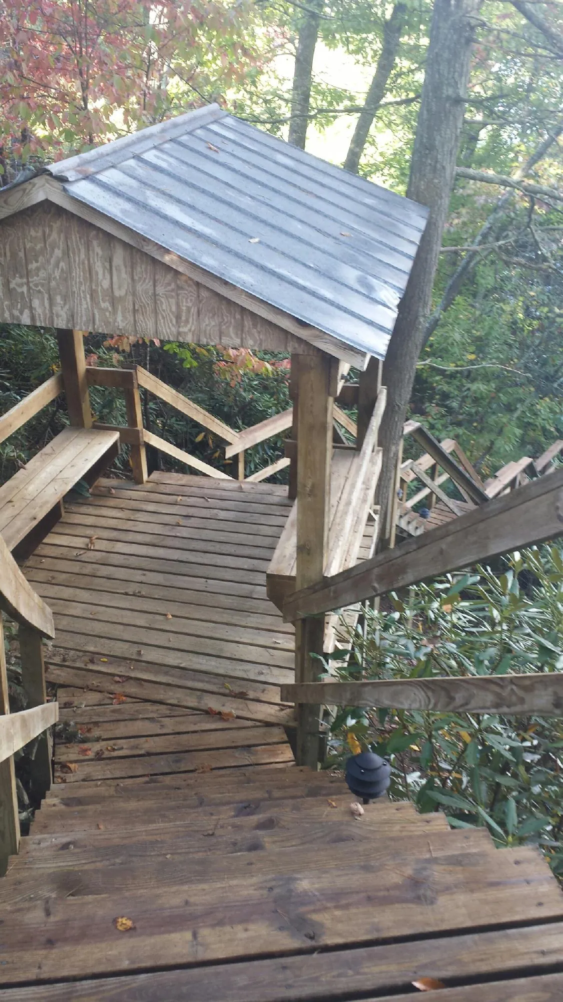 Metal roofed shelter over wooden steps on a wooded walkway — Skylight Repair & Installation work by our crew in Joshua